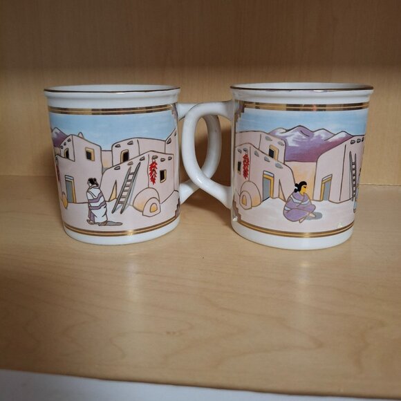 Vintage Japan Pueblo Village Scene Ceramic Coffee Mugs Pair Gold Trim 10 oz - Picture 1 of 5